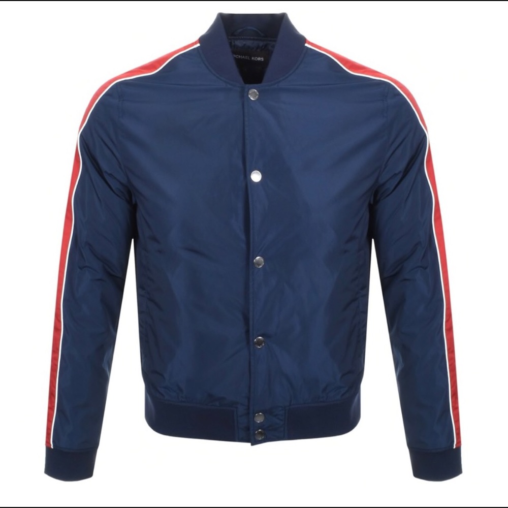 MK Stripe-Sleeve Nylon Baseball Jacket